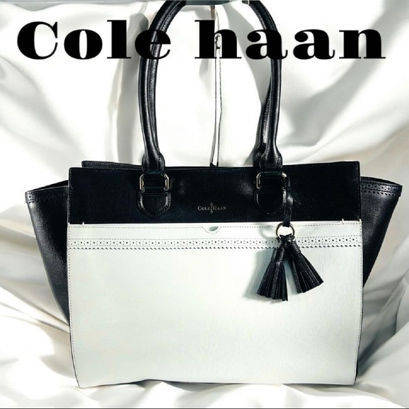 Cole Haan Leather Tote Bag Black White Colorblock Purse w Tassel - Picture 13 of 15
